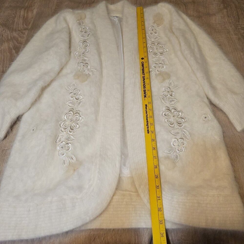 Belldini Womens Size S Ivory Open Front Angora Sweater Jacket Beaded Embroidered - Picture 7 of 8